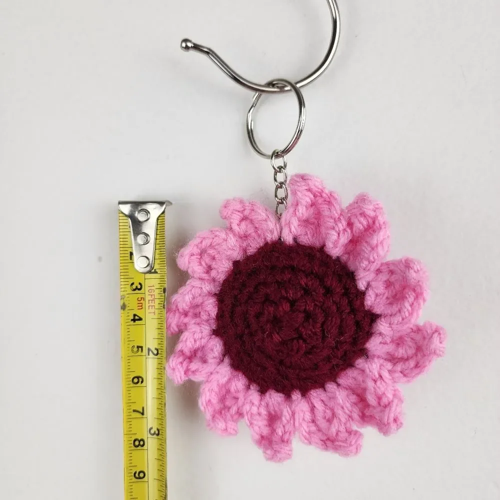 New Crochet Stuffed Keychain Burgundy Pink Flower Handmade Handcrafted